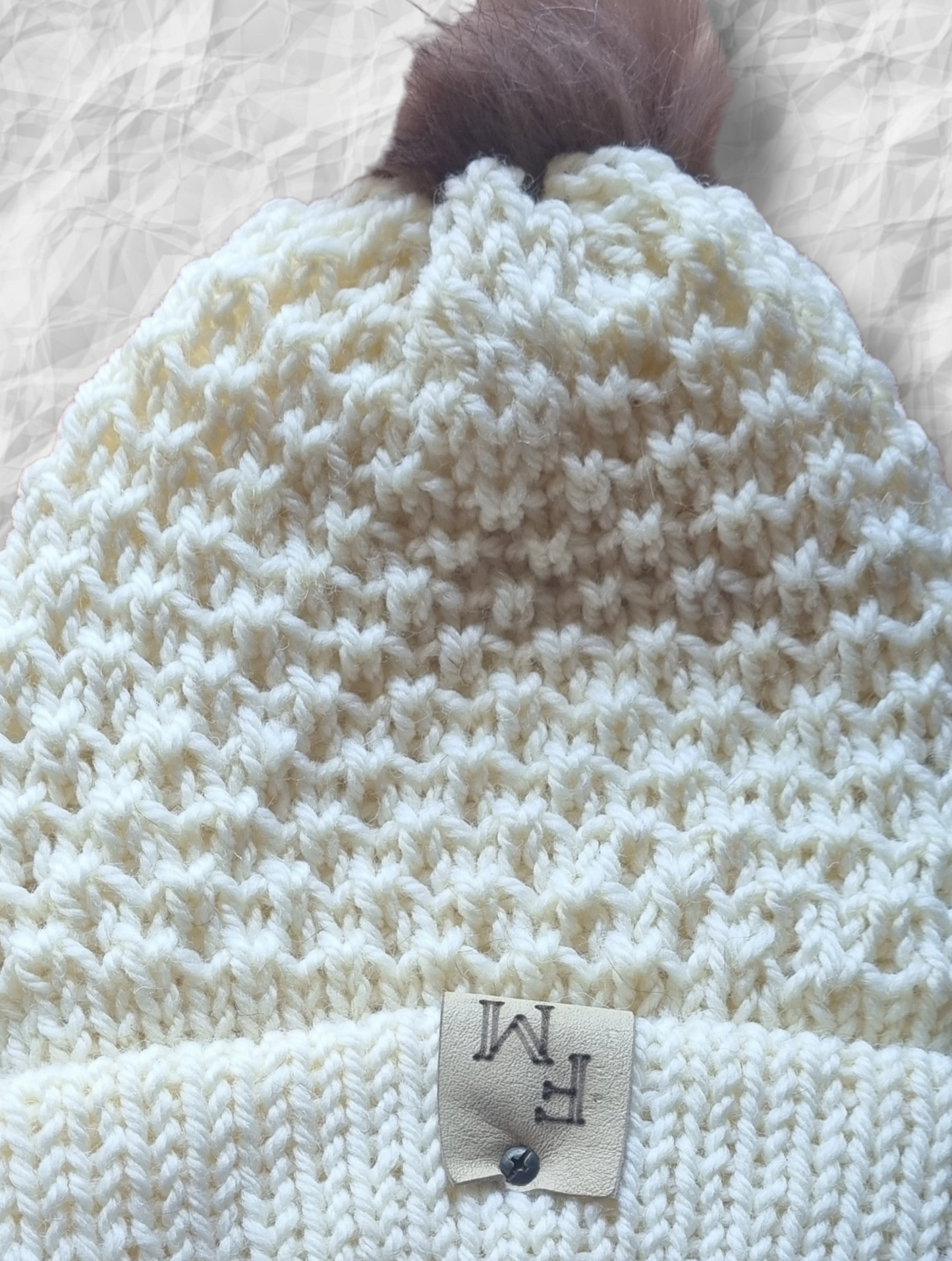 Double Layer Waffle Knit Beanie with fur pom pom